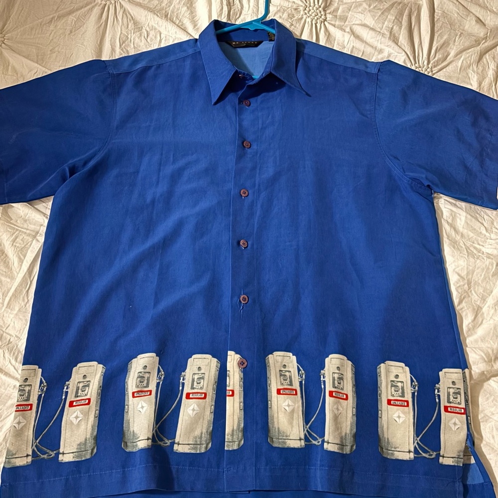 Stylish Blue Button-Down Shirt with Gas Pump Design